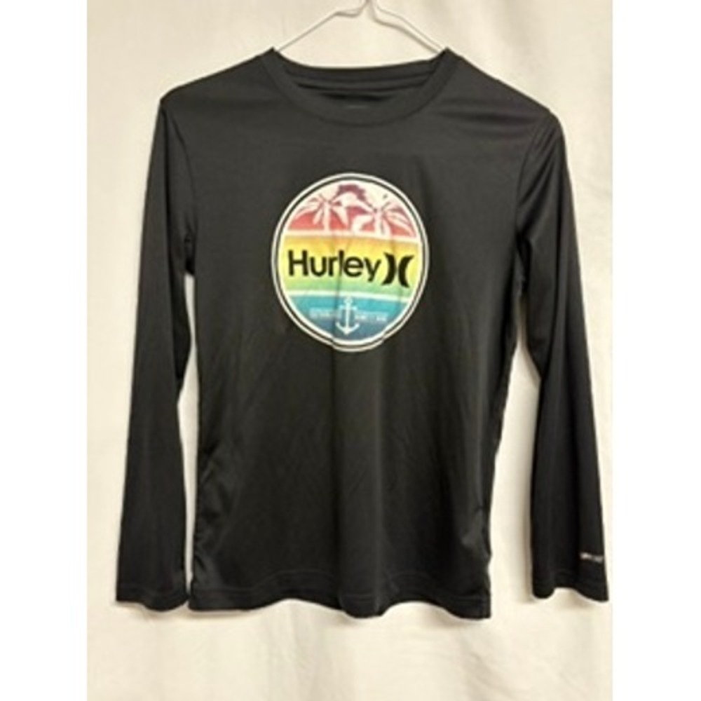 Hurley Kids Black H2O-Dri Long Sleeve Rash Guard UPF 50+ Swim Shirt Size 10/12